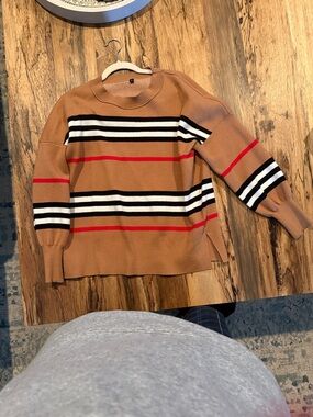 Women's Camel Stripe Knit Sweater with Red and Black Accents